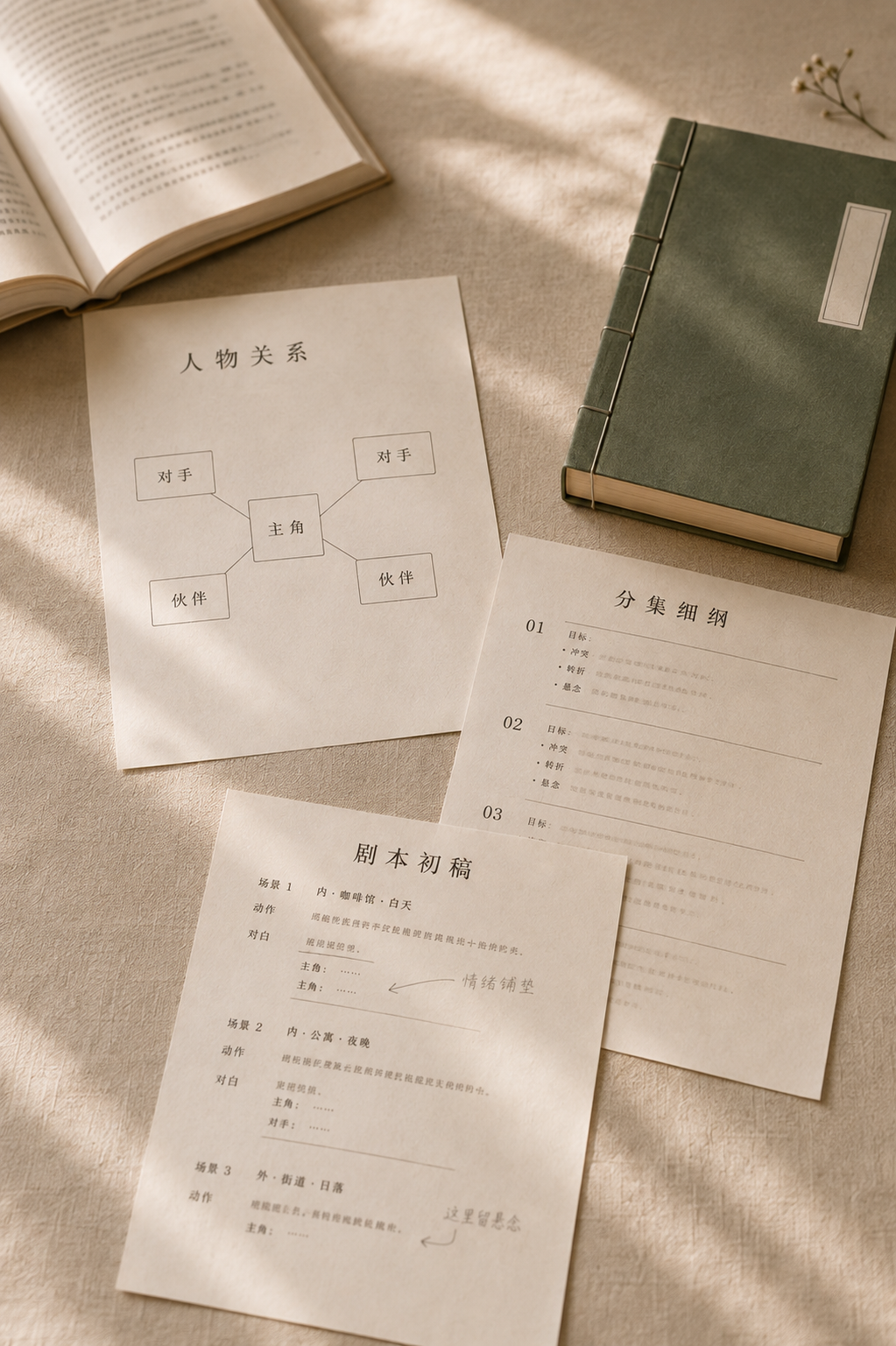 晨光下的人物关系图、分集细纲与带修改批注的剧本稿纸